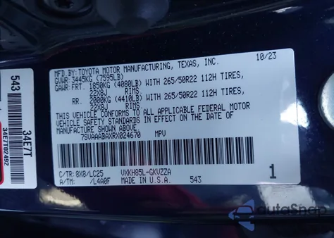 2024 Toyota Sequoia Capstone z USA, uszkodzony, nr VIN 7SVAAABAXRX024670